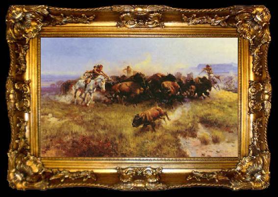 framed  Charles M Russell The Buffalo Hunt, ta009-2